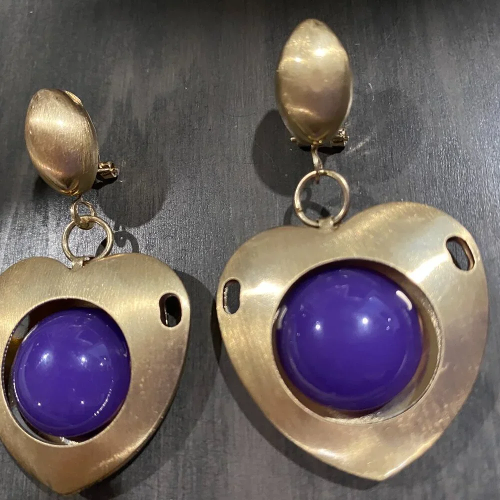 Gold Brush Metal Purple Stone Industrial Modernist Artsy Steampunk Earrings 2,5